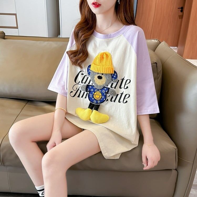 大注目 ラグランTシャツ カラーマッチング クマちゃん アルファベットプリント半袖 ＜S-2970＞