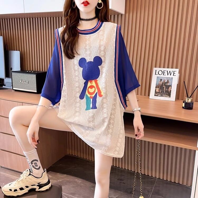 夏新作 レース ベアー カラーマッチング ロングTシャツ ゆったり5分袖 ＜S-2942＞