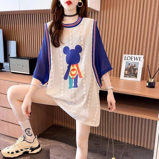 夏新作 レース ベアー カラーマッチング ロングTシャツ ゆったり5分袖 ＜S-2942＞
