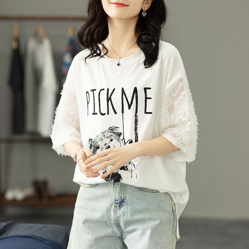 絶対欲しい レース エレガント 切り替え プリント 半袖Tシャツ＜S-8587＞