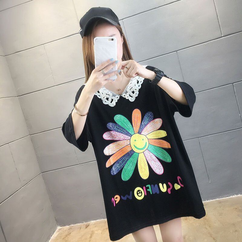 大人可愛い ロング丈 ゆったり 切り替え 三色半袖Tシャツ＜S-8129＞