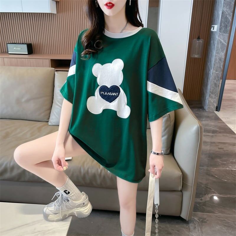 カジュアルルーズワッペン刺繍ステッチカラーブロック半袖Tシャツ<S-2870>