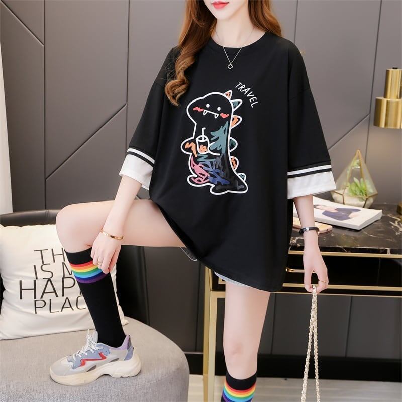 合わせやすい アルファベット ラウンドネック プリントTシャツ ゆったり ワンピース＜S-3992＞