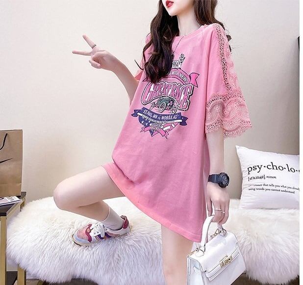新作 プリントTシャツ ロング 半袖 ピンク＜S-2810＞