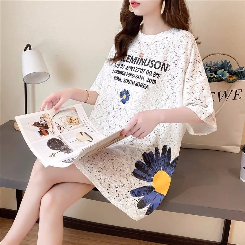 優しい雰囲気 透かし彫り 花柄 プリント ロング Tシャツ ゆったりワンピース ＜isf-3033＞