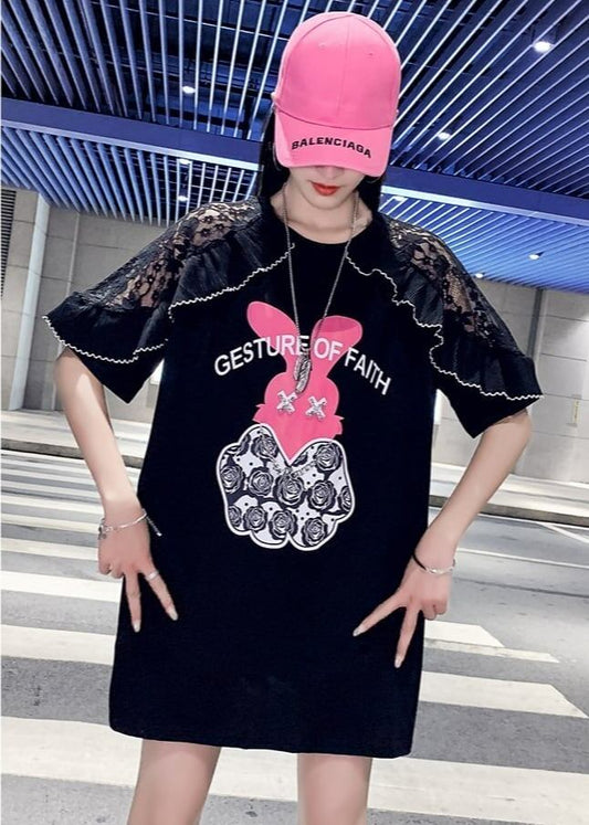 レースステッチアイスシルクニットルーズラビットプリント半袖Tシャツ<S-5038>