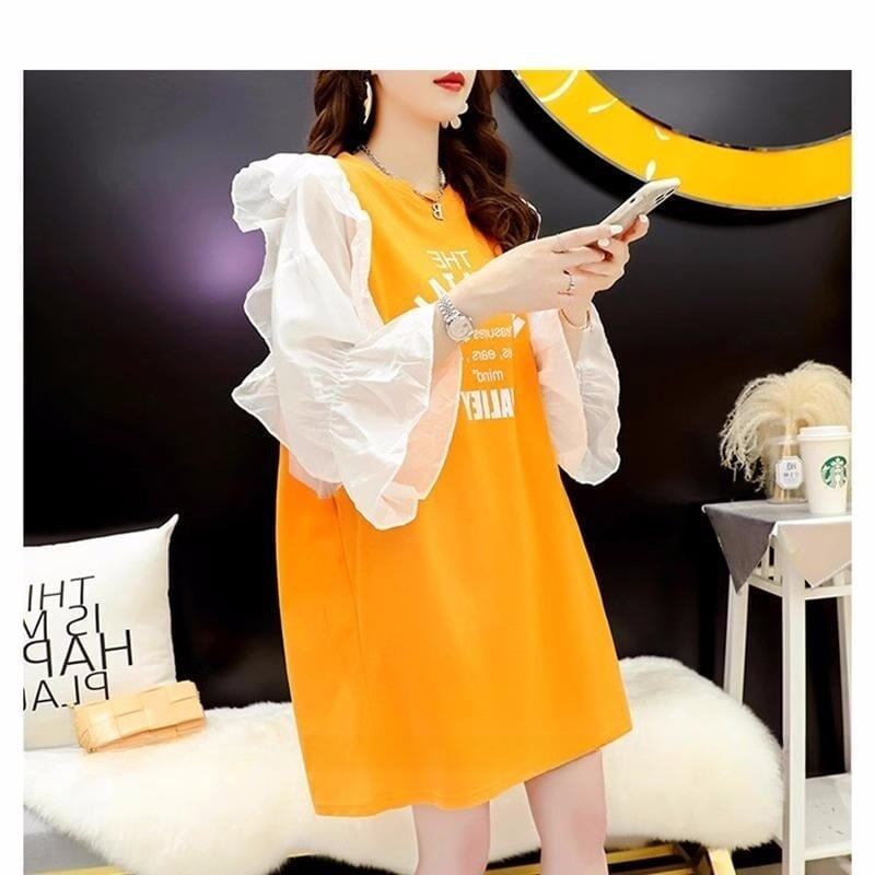 女子力アップ アルファベット パフスリーブ プリント ロングTシャツ ゆったりワンピース ＜S-3054＞
