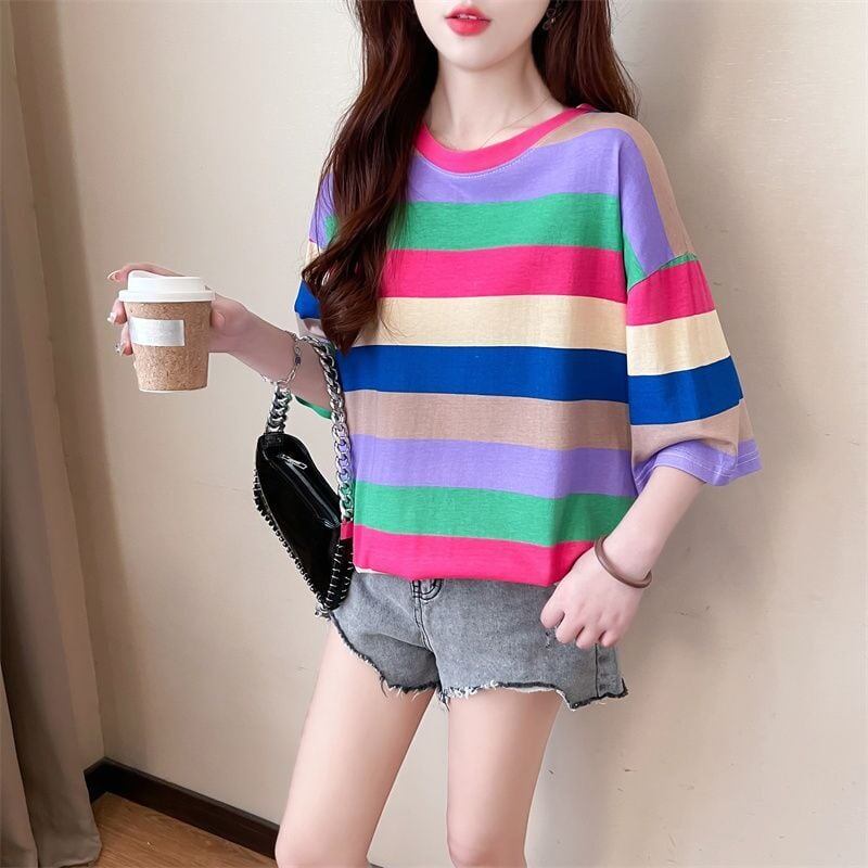 新商品 ストライプ柄 定番シンプル Tシャツ ゆったり半袖＜S-8700＞