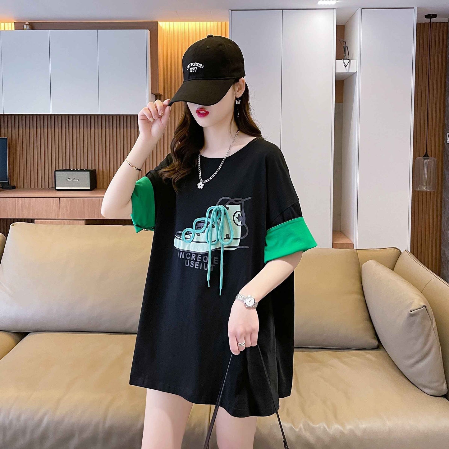 韓国系 プリント ラウンドネック ロング Tシャツ ゆったり半袖 ＜S-2988＞