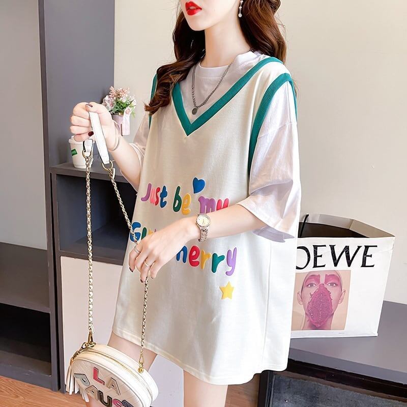 絶対欲しい レイヤード アルファベット Tシャツ ゆったり ロング 半袖 ＜S-2943＞