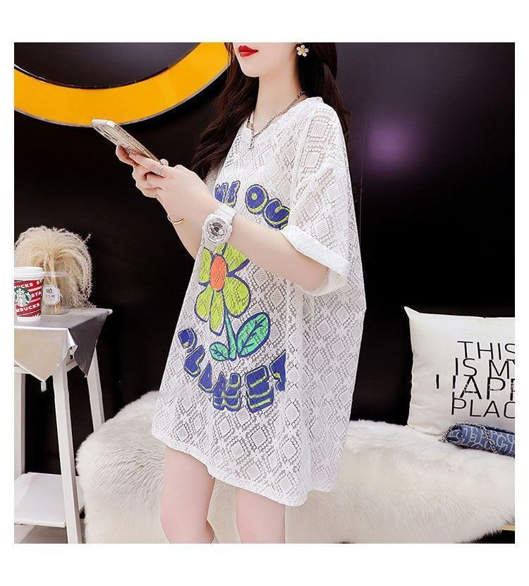 【半額！期間限定！！】新商品 切り替え 一目惚れ 透かし彫り プリント Tシャツ カットソー＜S-8523＞
