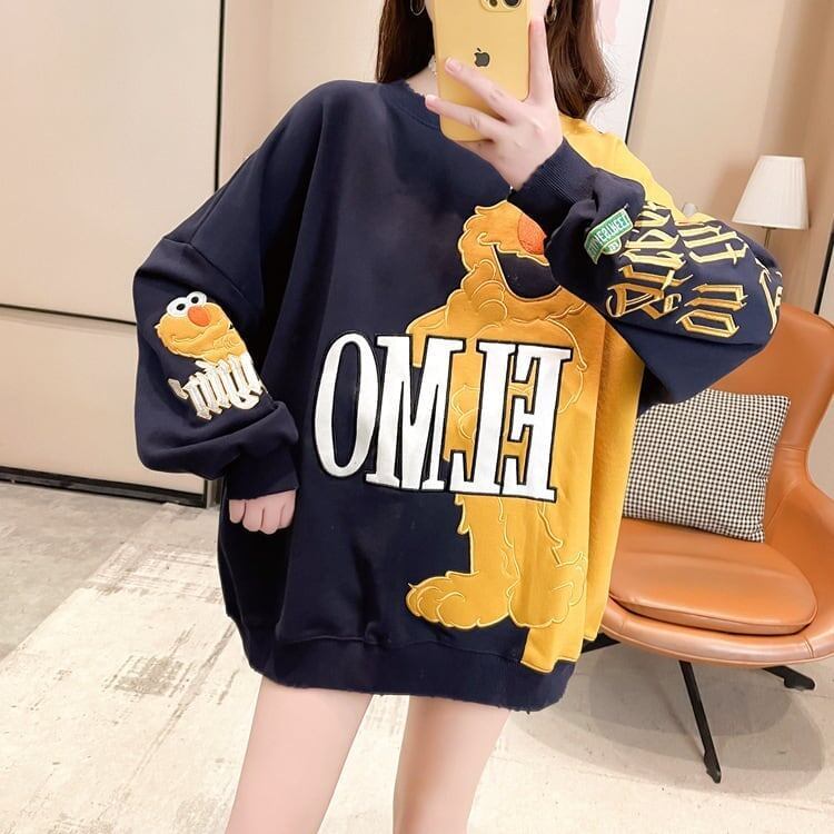 ゆったりとした重工業刺繍漫画長袖トップ<S-5083>