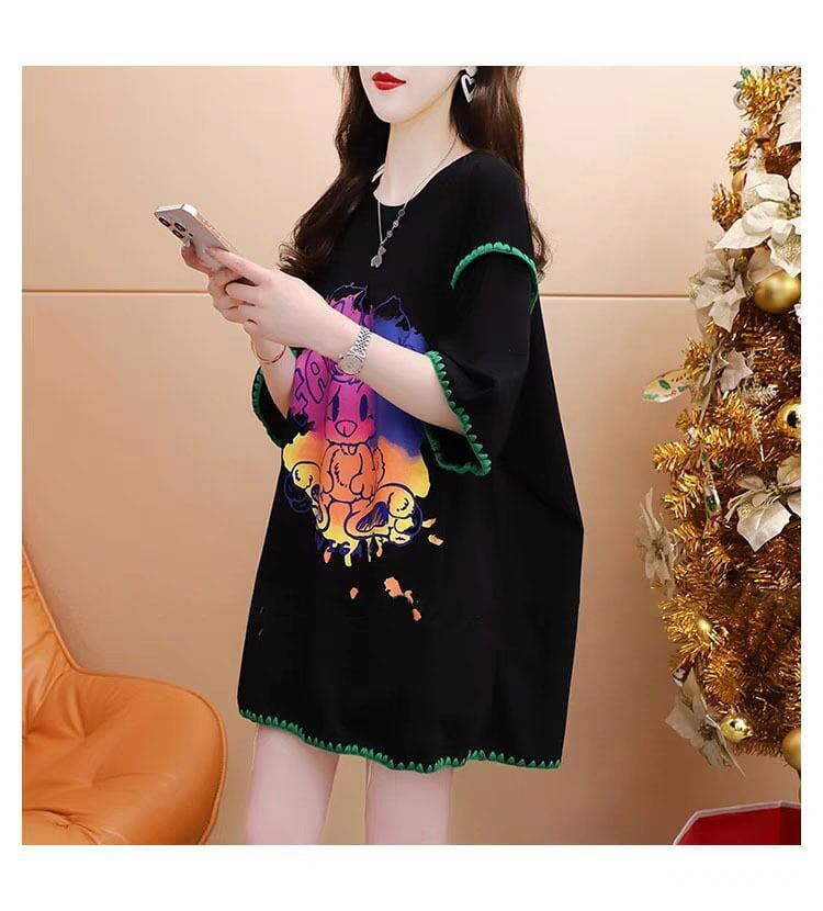 韓国系 ロング プリント Tシャツ 三色 ゆったり半袖 ＜S-2841＞