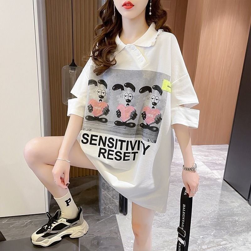 夏新作 アルファベットプリント POLOネック ロング Tシャツ ゆったりワンピース ＜S-3038＞