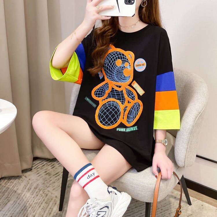 超人気商品 カラーマッチング ベアー柄 切り替え プリント ロング Tシャツ ゆったりワンピース ＜S-4024＞
