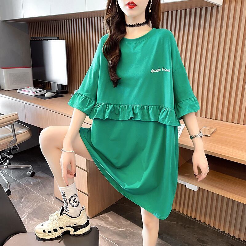 【半額！期間限定！！】合わせやすい 切り替え フリル プリント Tシャツ ゆったりワンピース＜S-3008＞