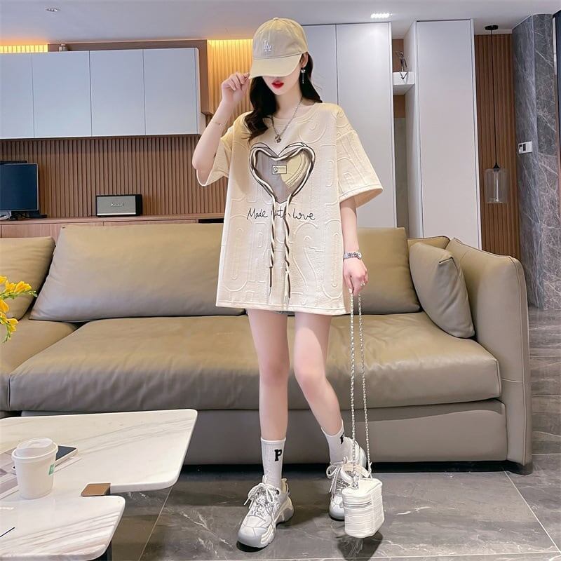 着心地良い ハート 立体風 プリントTシャツ 三色 ゆったり半袖＜S-2933＞
