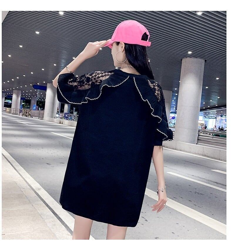 レースステッチアイスシルクニットルーズラビットプリント半袖Tシャツ<S-5038>