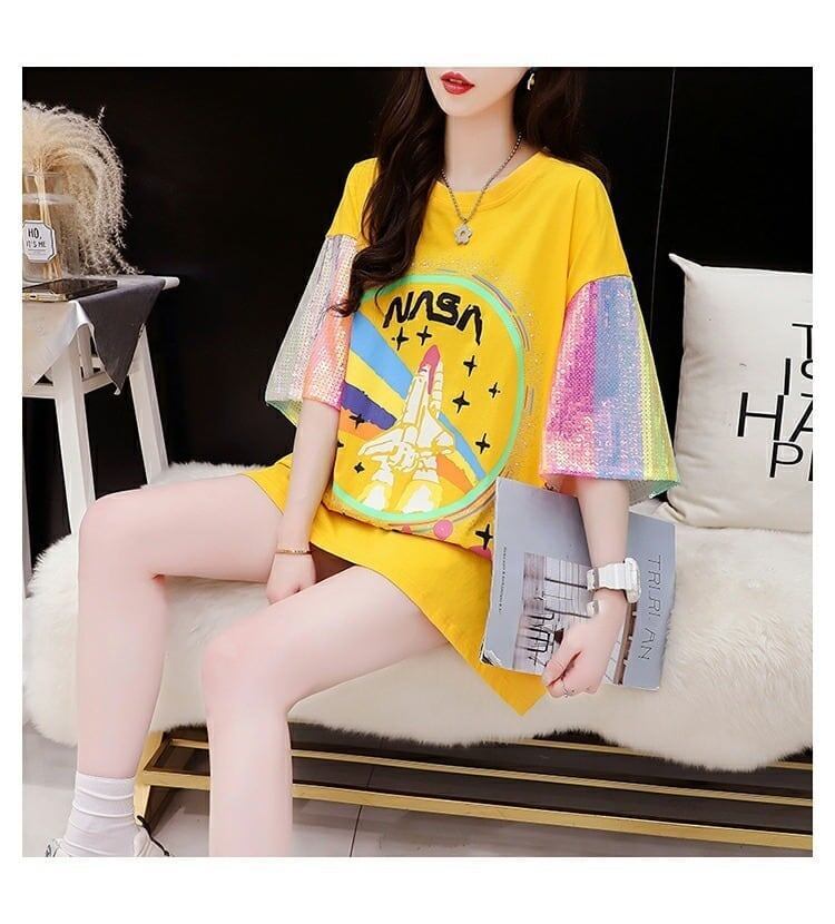 大好評 プリントTシャツ スパンコール切り替え ゆったり半袖＜S-2890＞