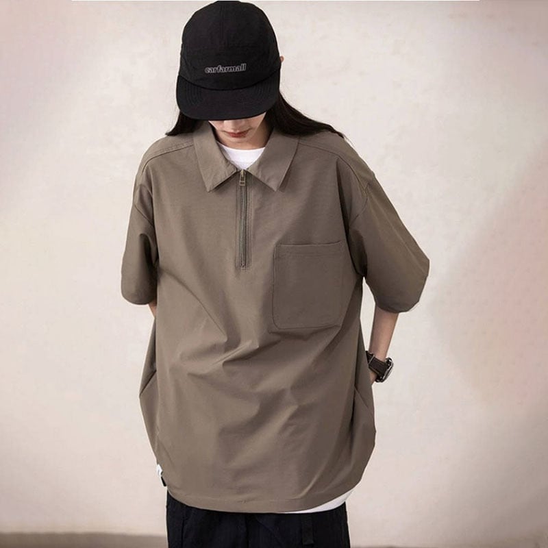 ルーズシルエット ハーフジップ 速乾 半袖 Tシャツ<S-13119>