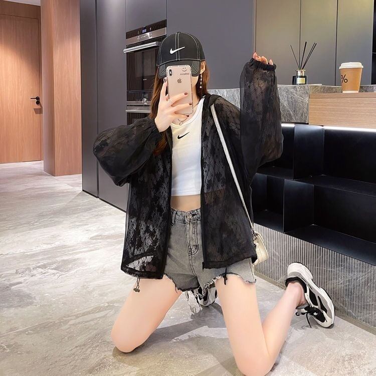 美人度アップ 透け感 カジュアル 日焼け対策 チェック柄 パーカー コート＜S-4996＞
