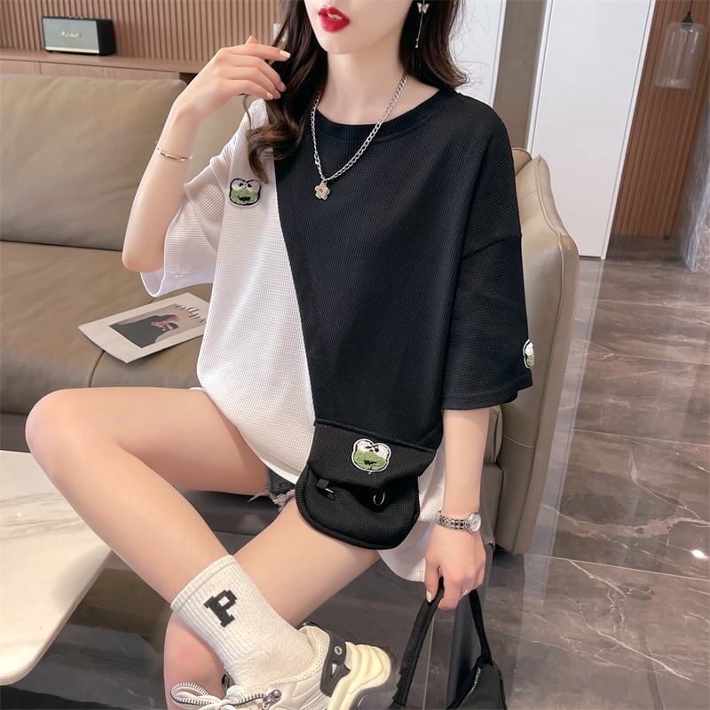 合わせやすい ワッフルTシャツ 切り替え かえるくん ゆったり半袖＜S-2992＞