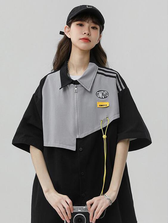 シンプルだけど一癖あるコーデ 切り替え レイヤード風 全2色 半袖Tシャツ<S-9046>