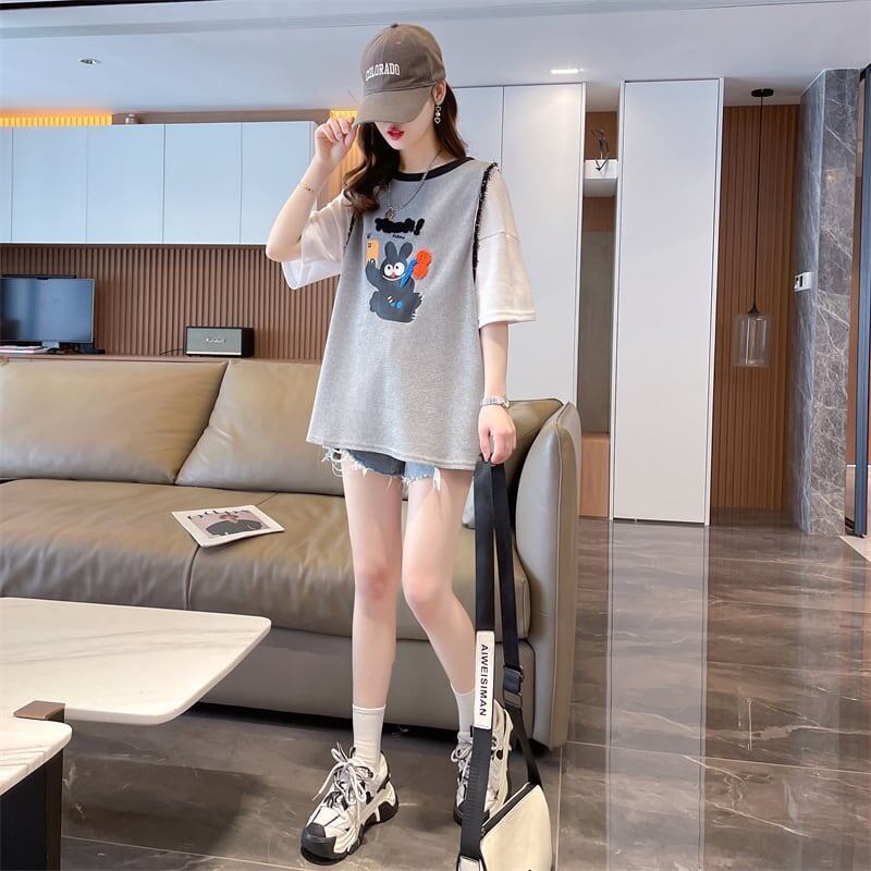 ワッフルフェイクツーピース漫画立体刺繍半袖Tシャツ<S-2871>