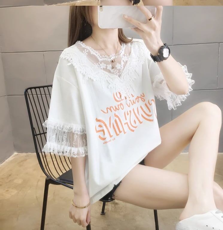 エレガントなレースステッチ半袖Tシャツ<S-3030>