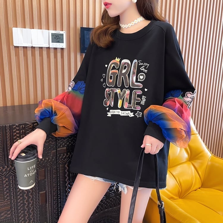 秋の新作 パフスリーブ アルファベットプリント 長袖ラグランTシャツトップス<S-4032>