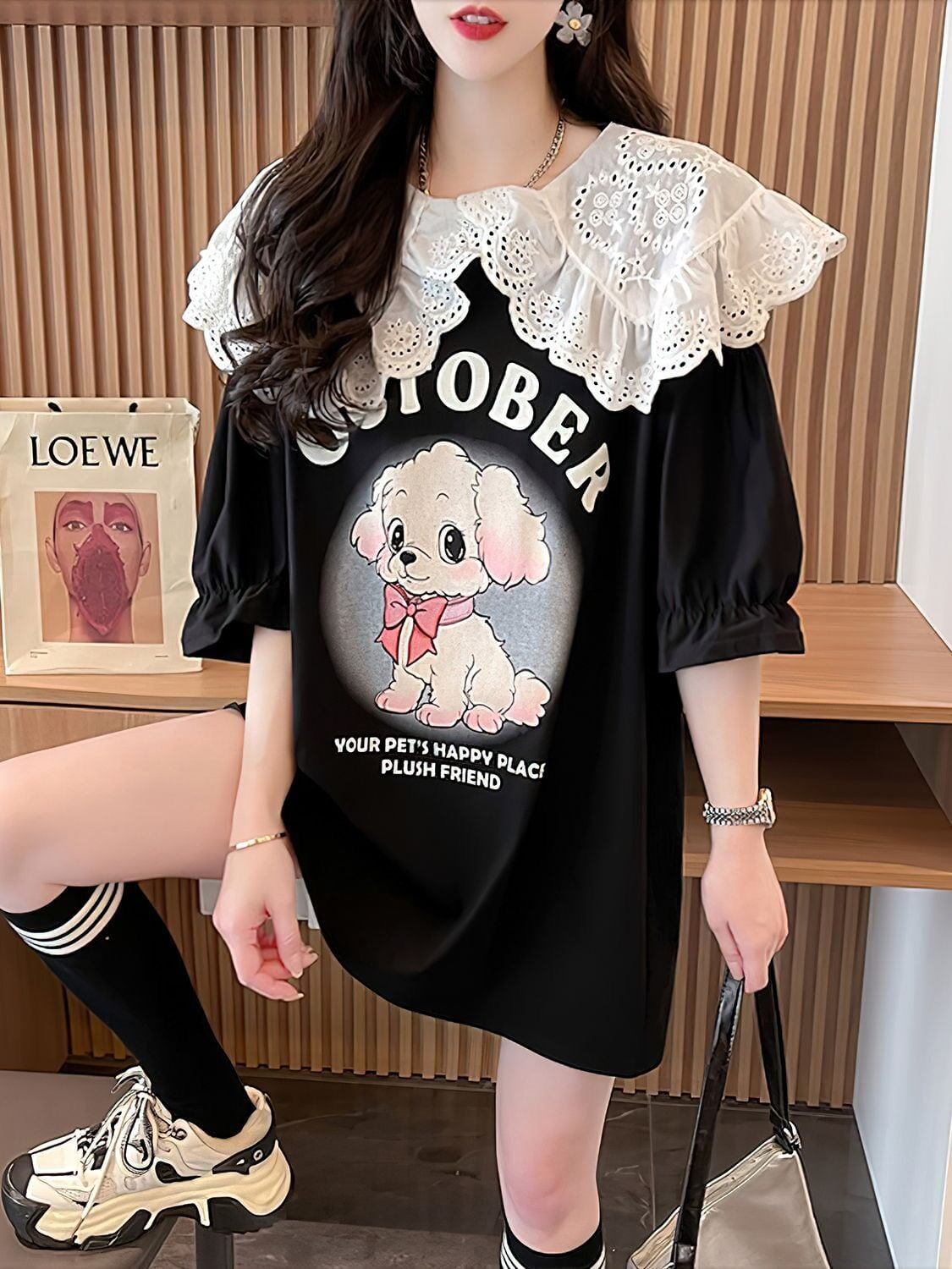 絶対流行 切り替え キュートプリント ゆったり 5分袖 Tシャツ＜S-8474＞