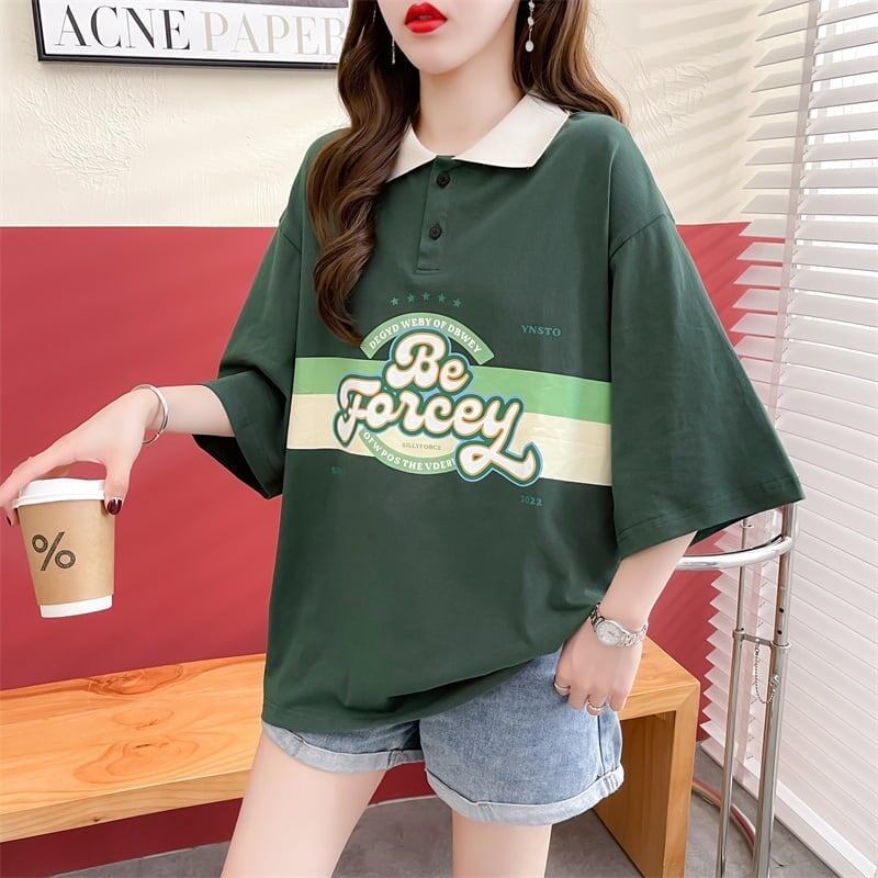 スタイルアップ グラフィック POLOネック ドロップショルダーTシャツ ゆったり半袖 ＜S-3048＞