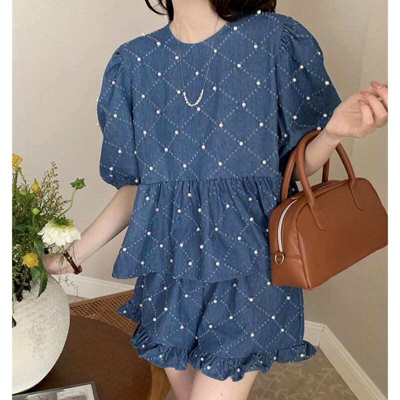 定番シンプル ファッション 個性派 デニム 半袖Ｔシャツⅹパンツセット<isf-11702>