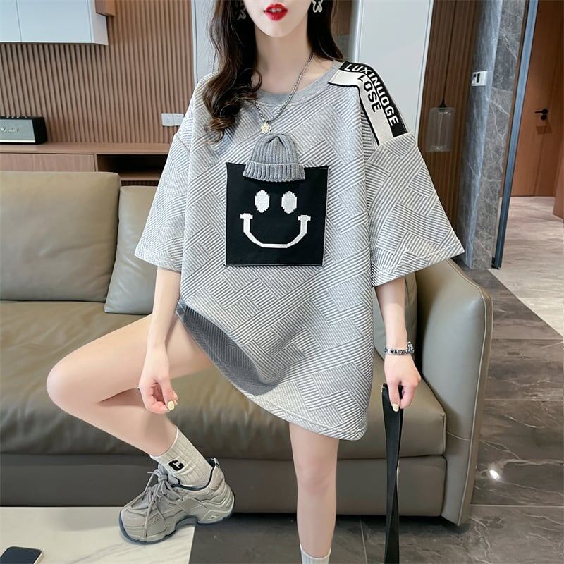 エレガントな立体ジャガードルーズウールパッチステッチ半袖Tシャツ<S-2901>