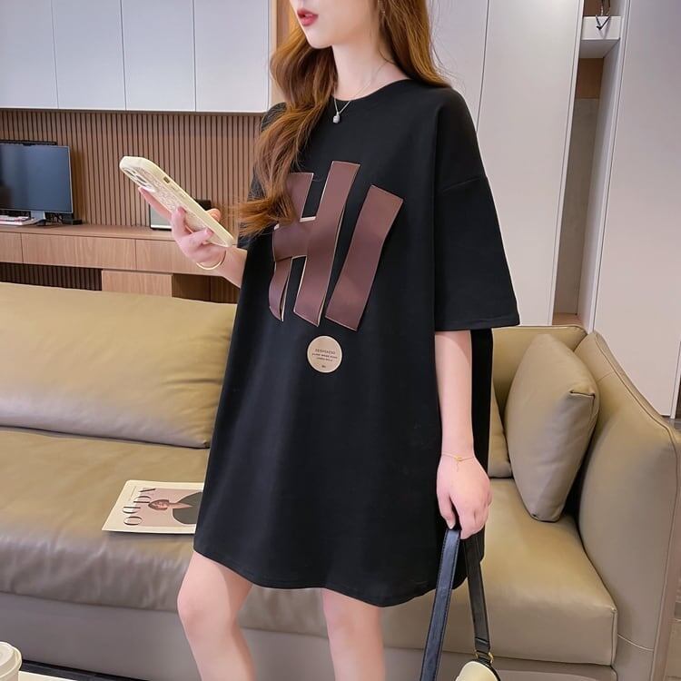 ファッション ロング プリントTシャツ 丸襟 半袖＜S-2807＞