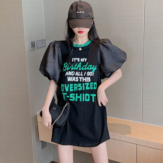 話題沸騰中 パフスリーブ ファッション プリント 全2色 半袖 Tシャツ <S-8662>