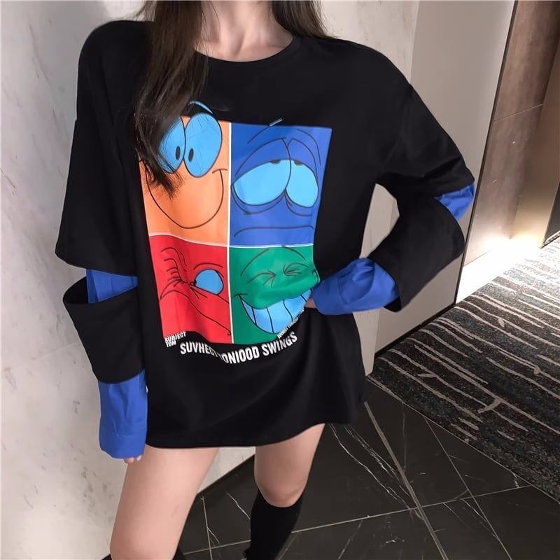 見逃し禁止レイヤード  グラフィックプリント 二色長袖Tシャツ＜S-4065＞