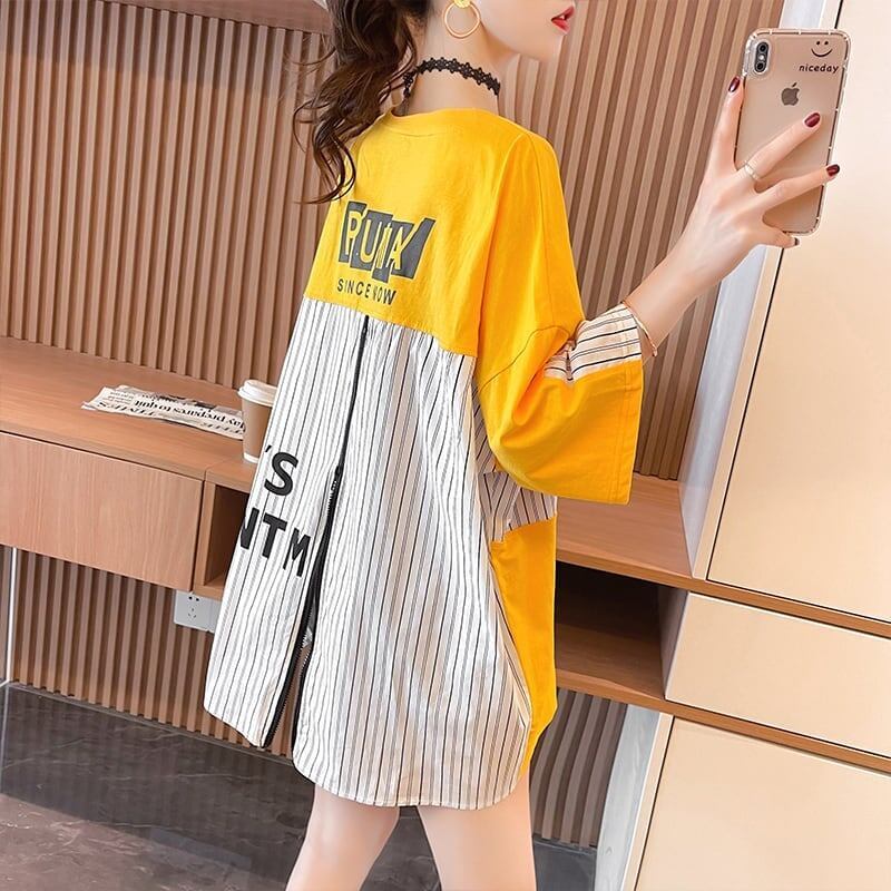 大好評 切り替え ストライプ柄 プリント ロング Tシャツ 三色 ゆったりワンピース ＜S-4012＞