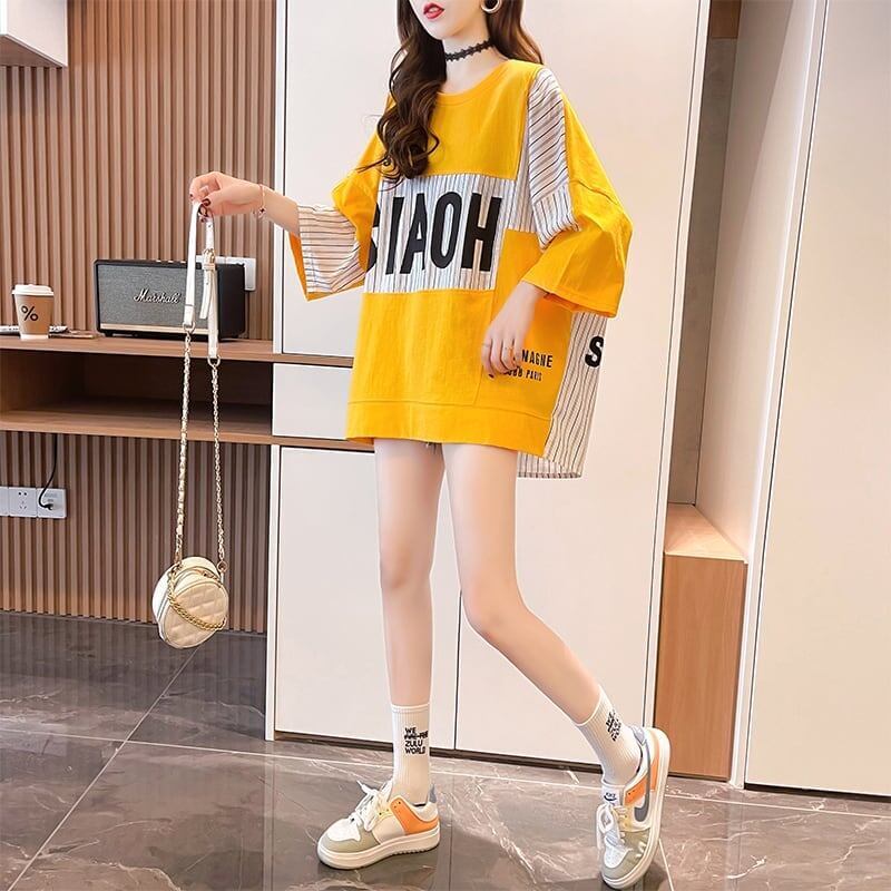 大好評 切り替え ストライプ柄 プリント ロング Tシャツ 三色 ゆったりワンピース ＜S-4012＞