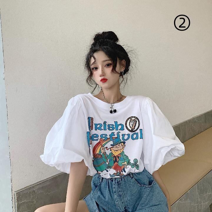 キュート プリント ファッション ゆったり 全4色 半袖 Tシャツ＜S-11521＞