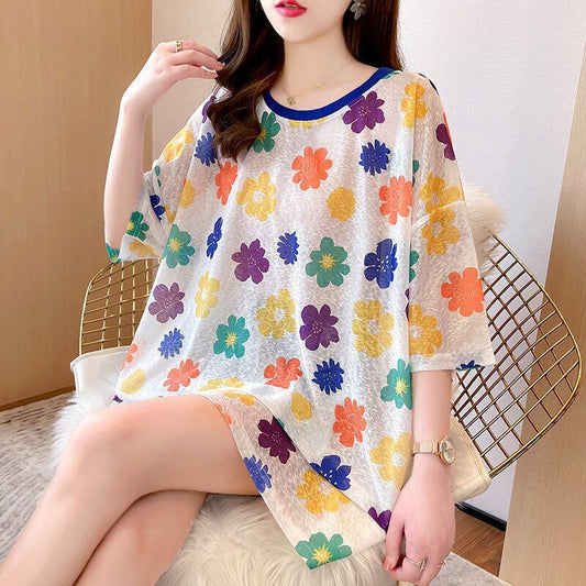 大人可愛い 半袖 紫外線対策 ラウンドネック ルーズ Tシャツ ＜S-8642＞