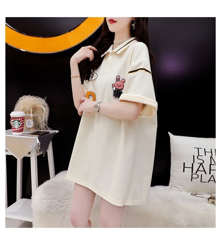 韓国系 ロング POLOネック Tシャツ 四色 ゆったり半袖 ＜S-2869＞