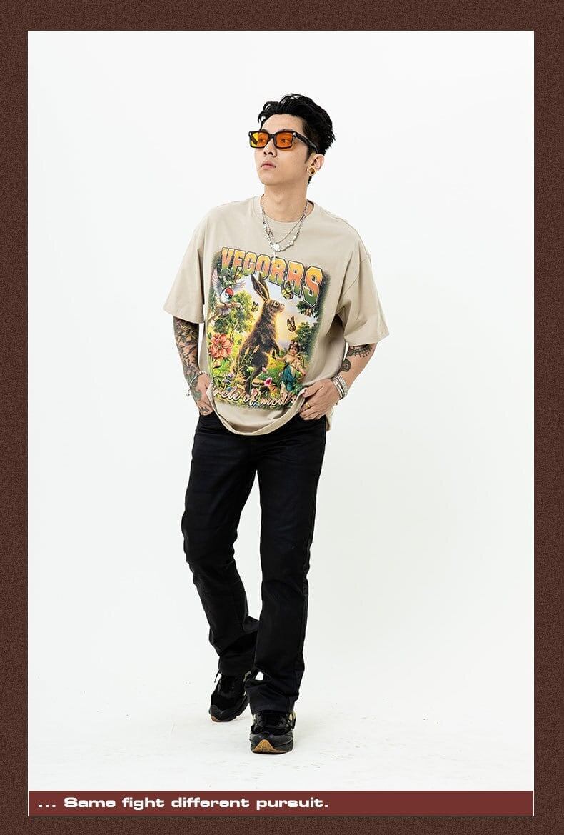 アメリカンレトロ絵画ウサギ半袖Tシャツカップル男女同スタイル<S-2910>
