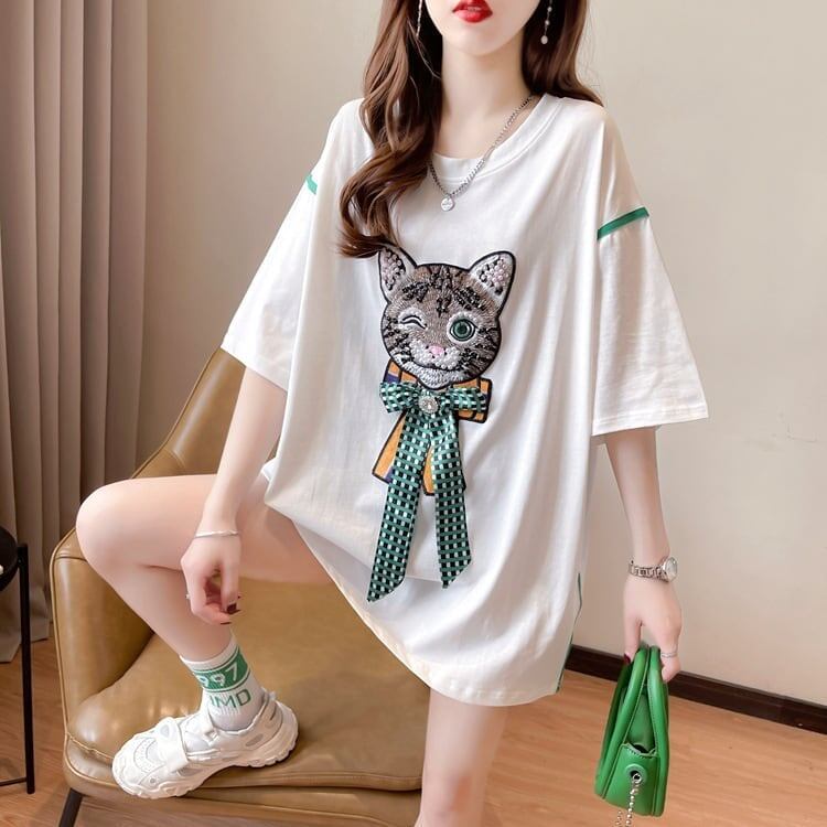 質感のいい 猫刺繍 立体のリボン ロング Tシャツ ゆったり半袖 ＜S-2919＞
