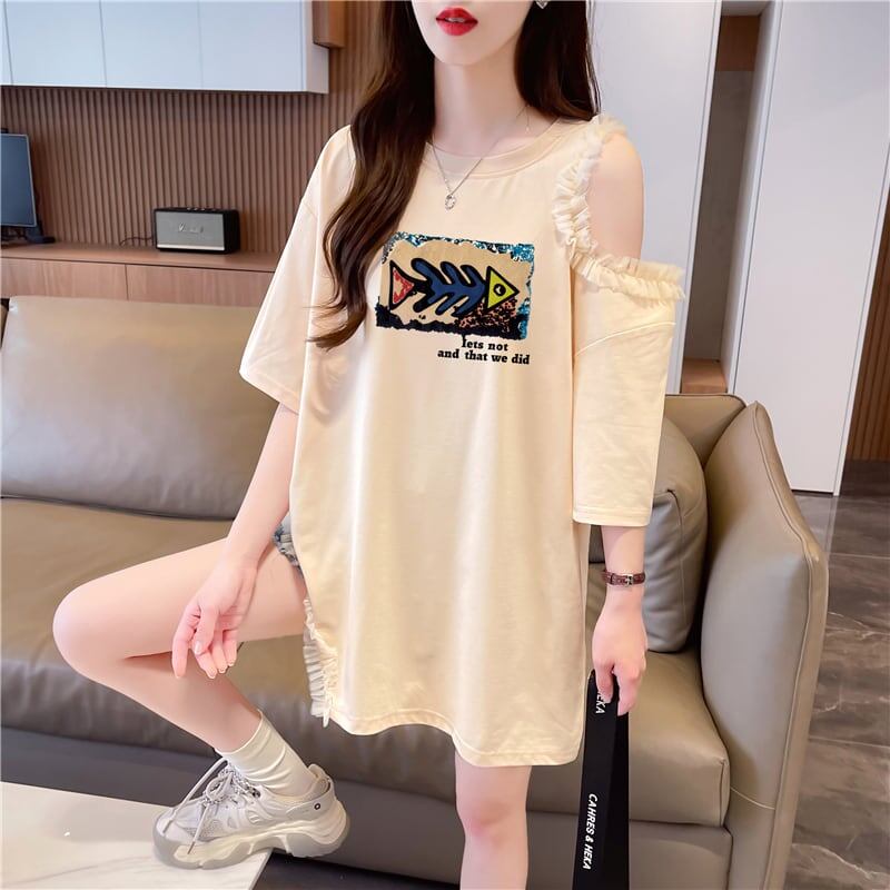おしゃれ度高め レース 美人度アップ 切り替え プリント全4色 Tシャツ カットソー＜S-9213＞