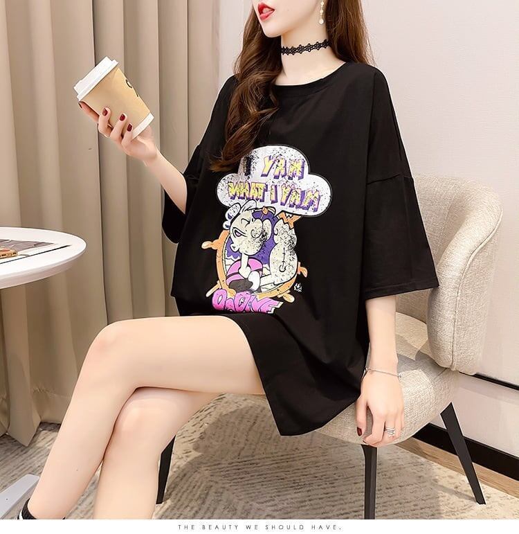 【半額！期間限定！！】グラフィック レース 透かし彫り ロング Tシャツ ゆったりワンピース ＜S-4021＞