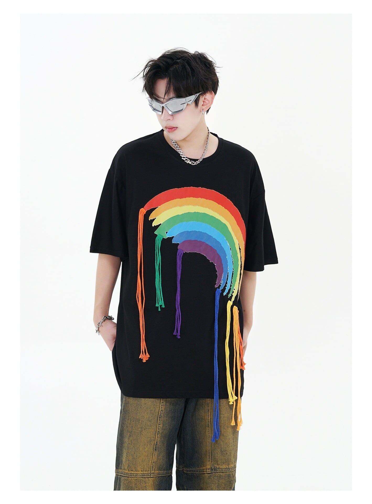 好感度UP 虹ロゴ タッセル ゆったり Tシャツ 全2色 ユニセックス半袖<S-4863>