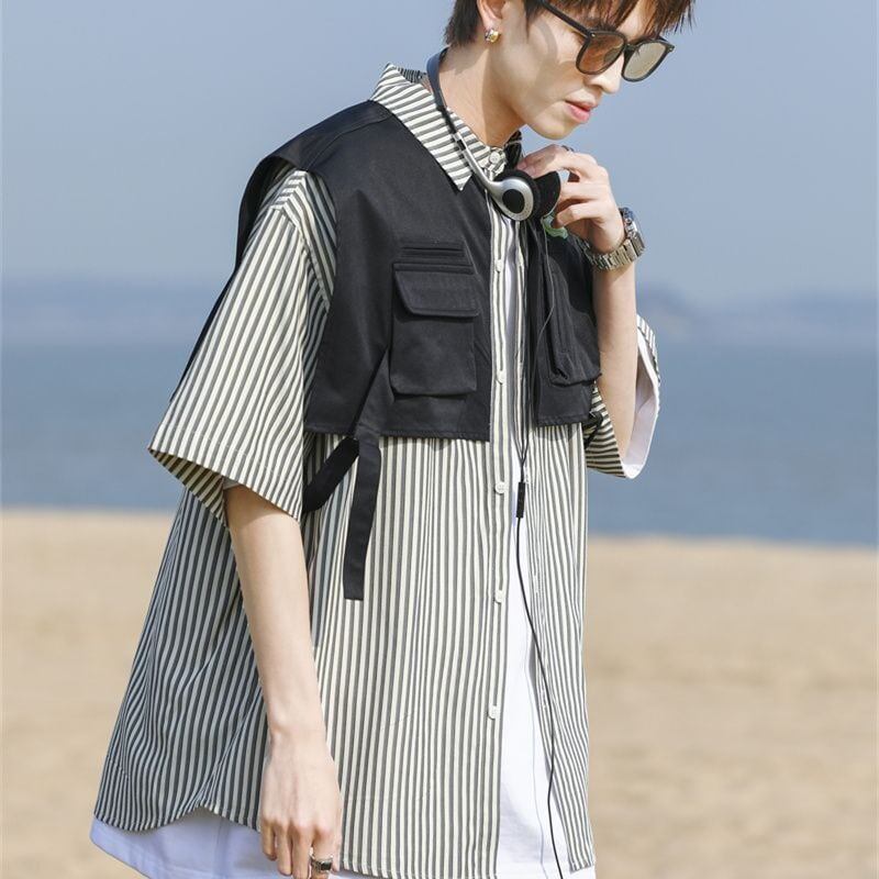 絶対流行 レイヤード風 早い者勝ち 切り替え ストライプ柄 全3色 半袖Tシャツ<S-9048>