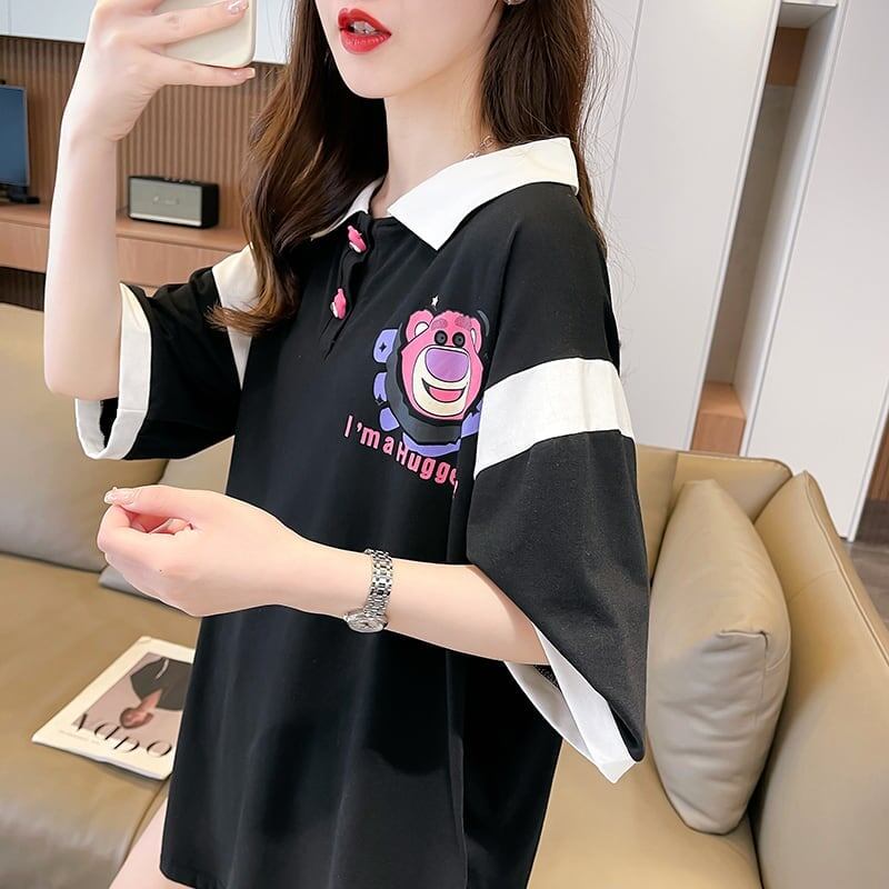 POLOネック 切り替え 熊柄 ロング プリント Tシャツ 二色 ゆったりワンピース ＜S-3020＞