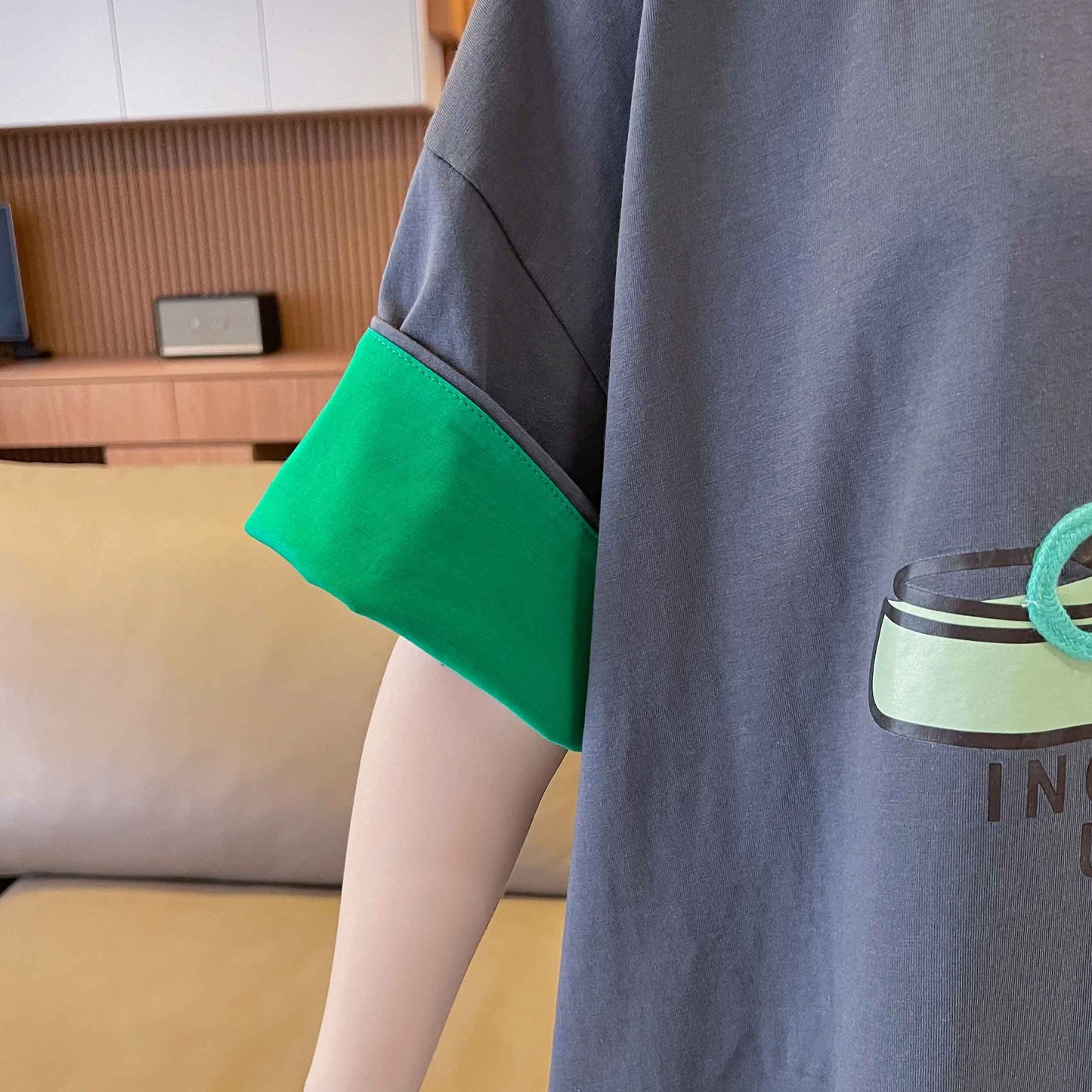 韓国系 プリント ラウンドネック ロング Tシャツ ゆったり半袖 ＜S-2988＞